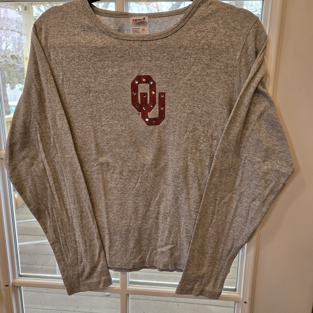 Anvil Oklahoma University Rhinestone OU Crew Neck Stretch Long Sleeve TShirt XL